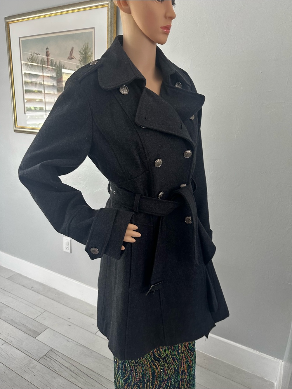 Guess Black Double-Breasted Wool-Blend Trench Coat